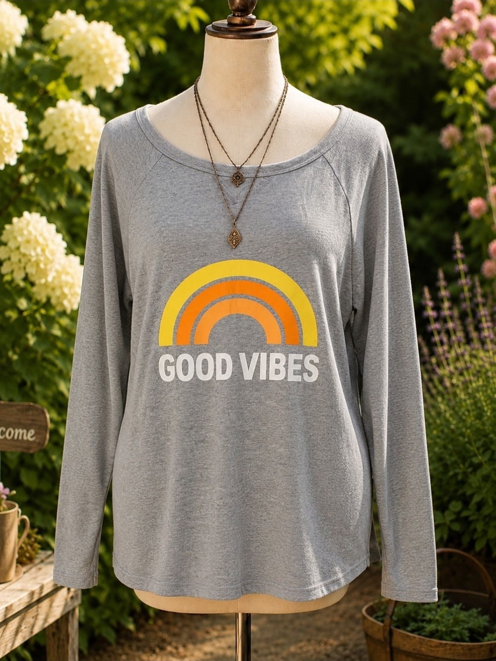 Leo Rosi Grey Long-Sleeve Tee with Yellow & Orange Rainbow Pit 23